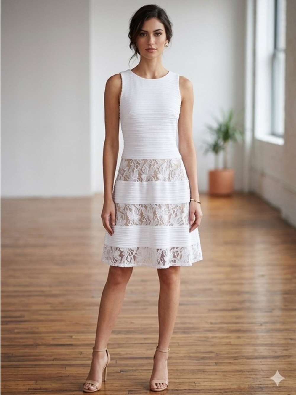 NWT SLNY Womens 8 White Lace Textured A-Line Dress Cocktail Sleeveless M FLAW